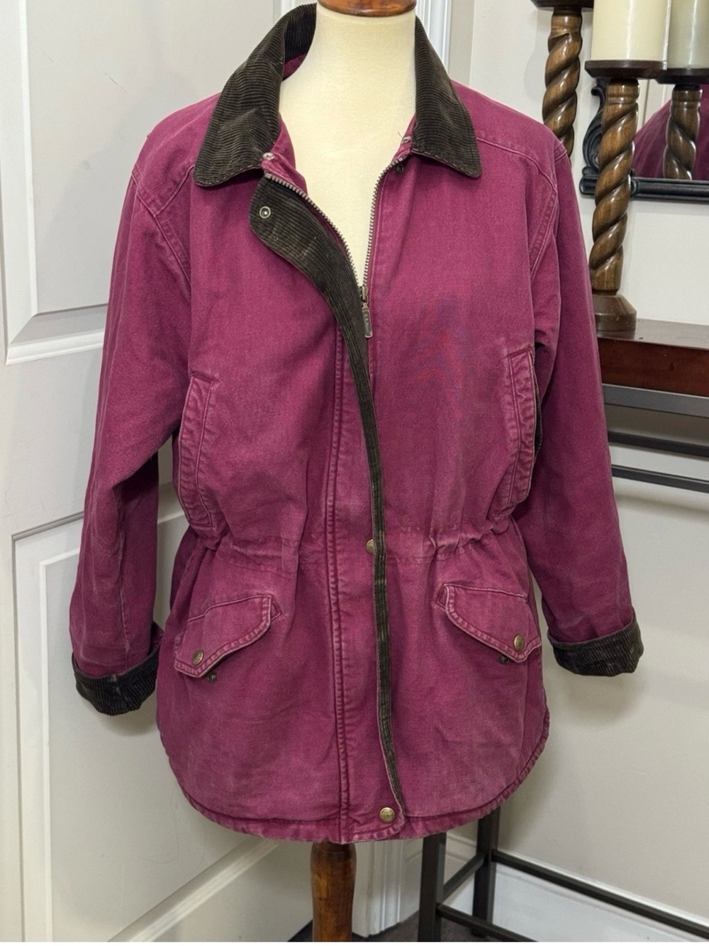 Vtg LL Bean Chore Coat Womens Medium Burgundy Corduroy Collar Sherpa Lined Barn